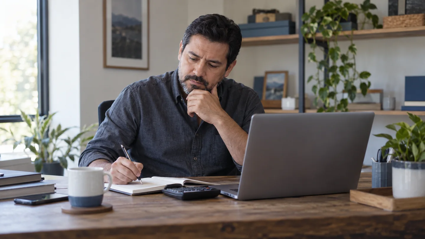 Planificación del presupuesto de una empresa con calculadora y laptop.