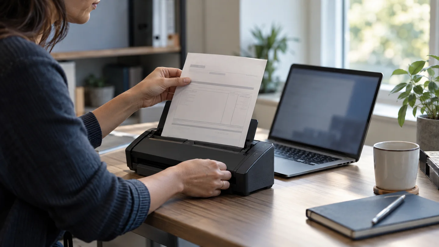 Digitalización de una factura junto a una laptop.